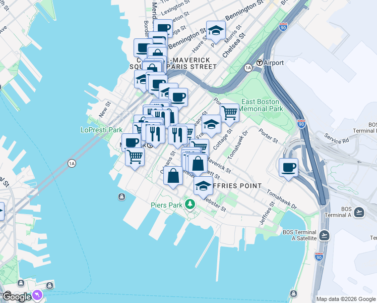 map of restaurants, bars, coffee shops, grocery stores, and more near 205 Maverick Street in Boston