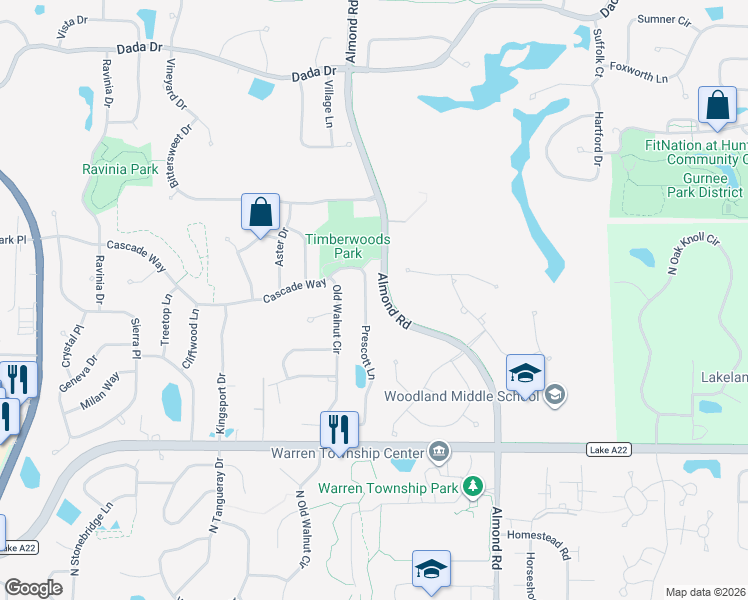 map of restaurants, bars, coffee shops, grocery stores, and more near 572 Prescott Lane in Gurnee