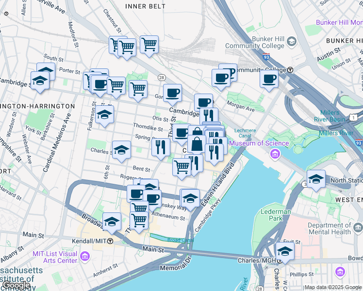map of restaurants, bars, coffee shops, grocery stores, and more near 30 Spring Street in Cambridge