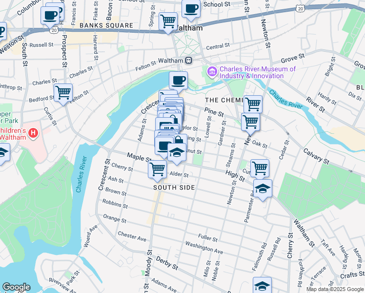 map of restaurants, bars, coffee shops, grocery stores, and more near 110 Chestnut Street in Waltham