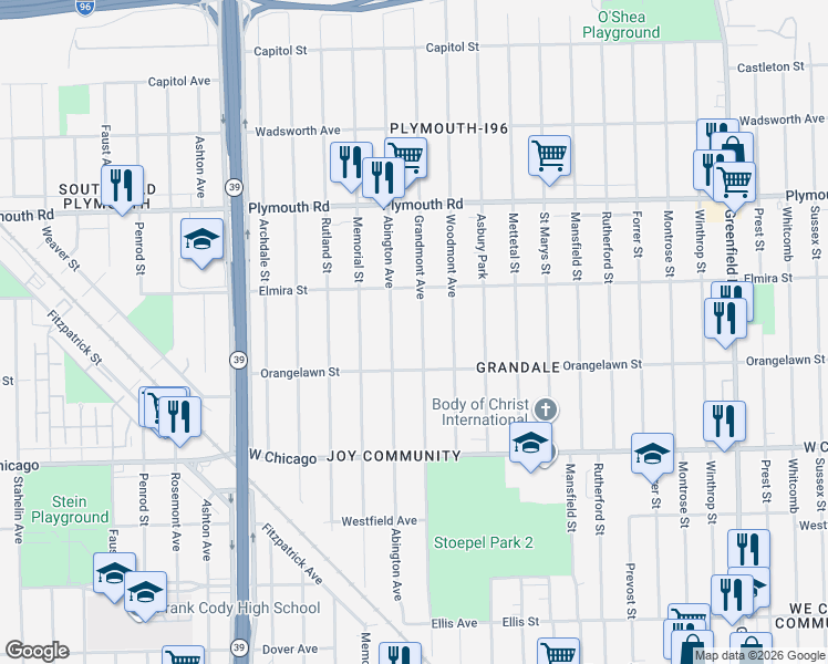 map of restaurants, bars, coffee shops, grocery stores, and more near 9993 Grandmont Avenue in Detroit
