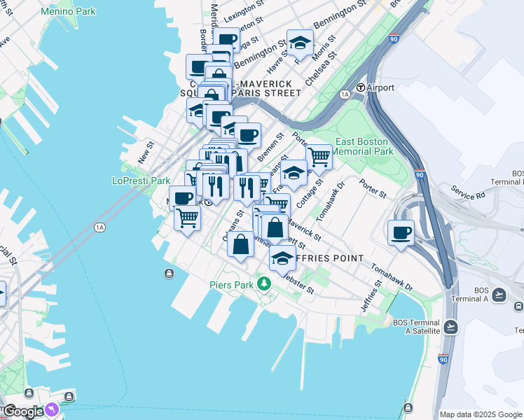 map of restaurants, bars, coffee shops, grocery stores, and more near 197-207 Maverick Street in Boston