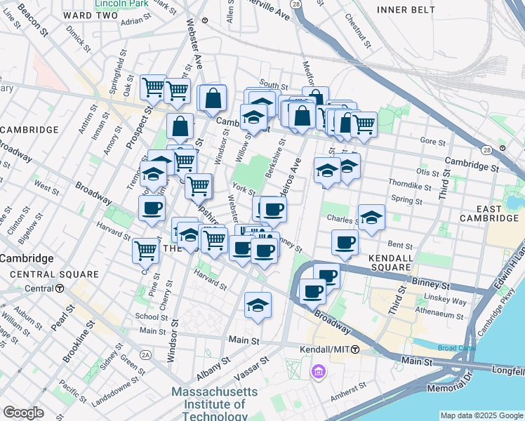 map of restaurants, bars, coffee shops, grocery stores, and more near 14 Vandine Street in Cambridge