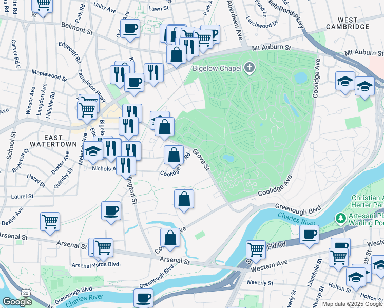 map of restaurants, bars, coffee shops, grocery stores, and more near 133 Grove Street in Watertown