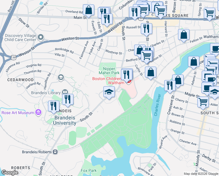 map of restaurants, bars, coffee shops, grocery stores, and more near 17 Shakespeare Road in Waltham