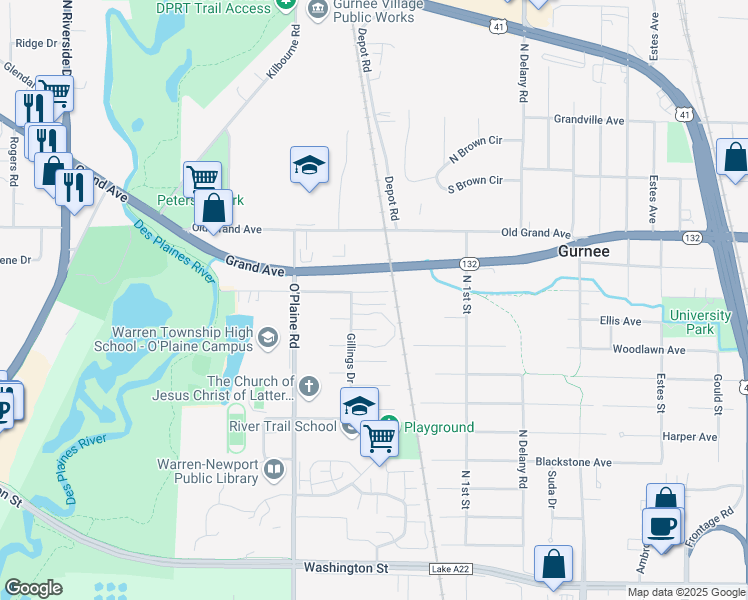 map of restaurants, bars, coffee shops, grocery stores, and more near 4359 McClure Avenue in Gurnee
