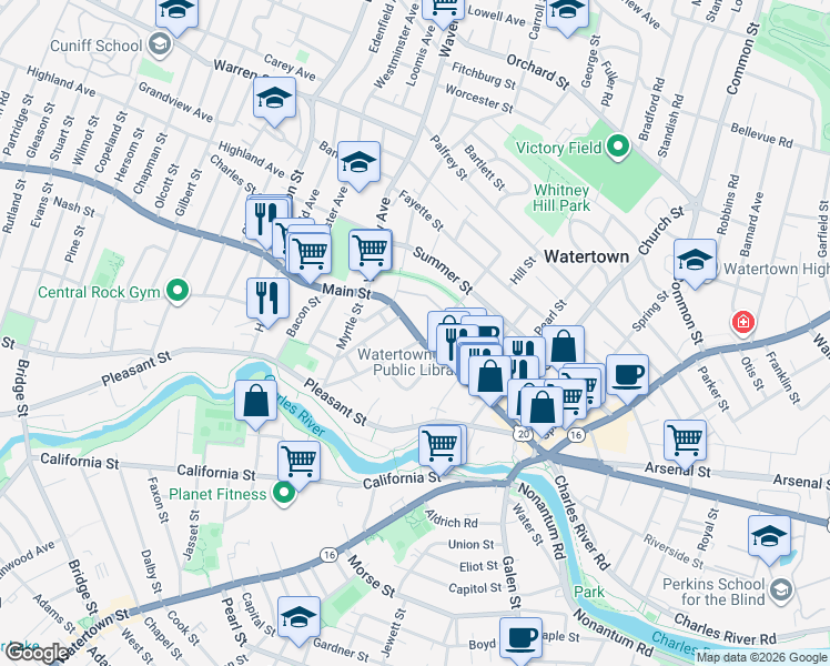map of restaurants, bars, coffee shops, grocery stores, and more near 262 U.S. 20 in Watertown