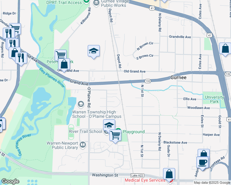 map of restaurants, bars, coffee shops, grocery stores, and more near 4347 McClure Avenue in Gurnee