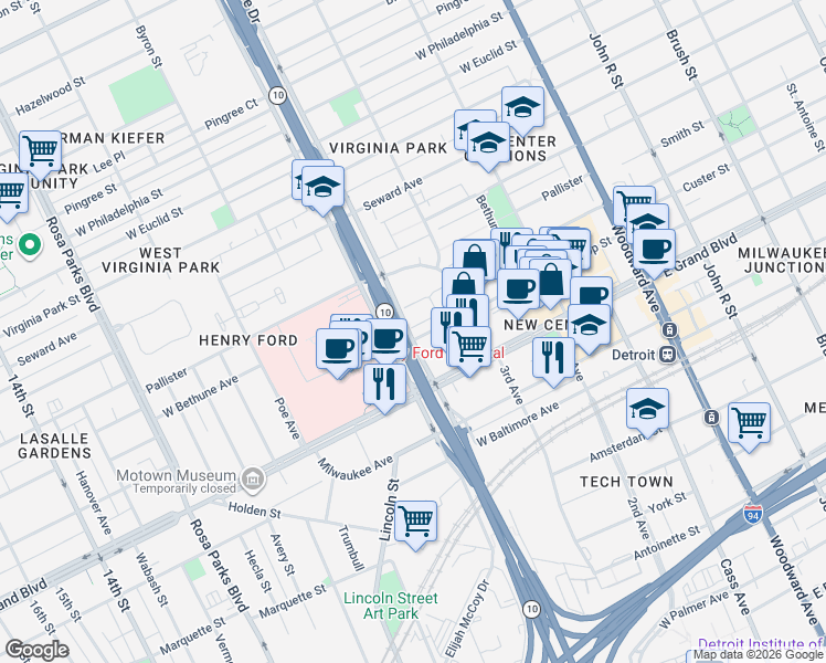 map of restaurants, bars, coffee shops, grocery stores, and more near 890 Lothrop Street in Detroit