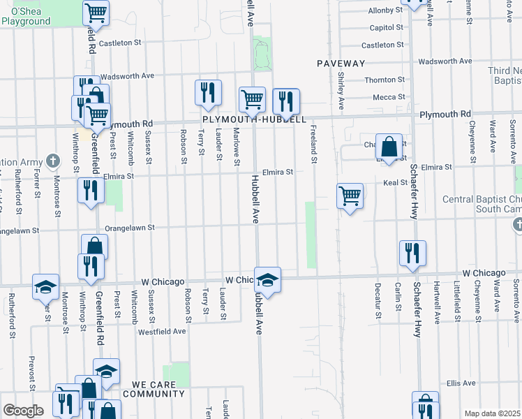 map of restaurants, bars, coffee shops, grocery stores, and more near 9944 Hubbell Avenue in Detroit