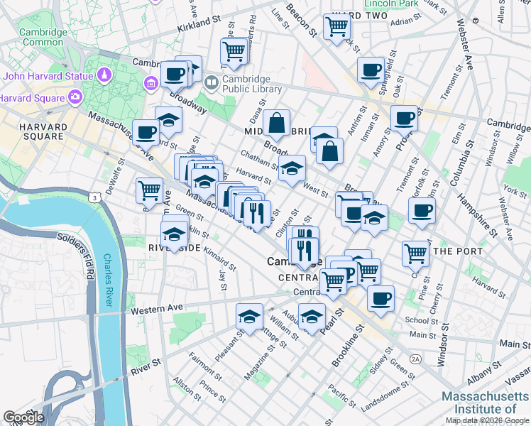 map of restaurants, bars, coffee shops, grocery stores, and more near 106 Hancock Street in Cambridge