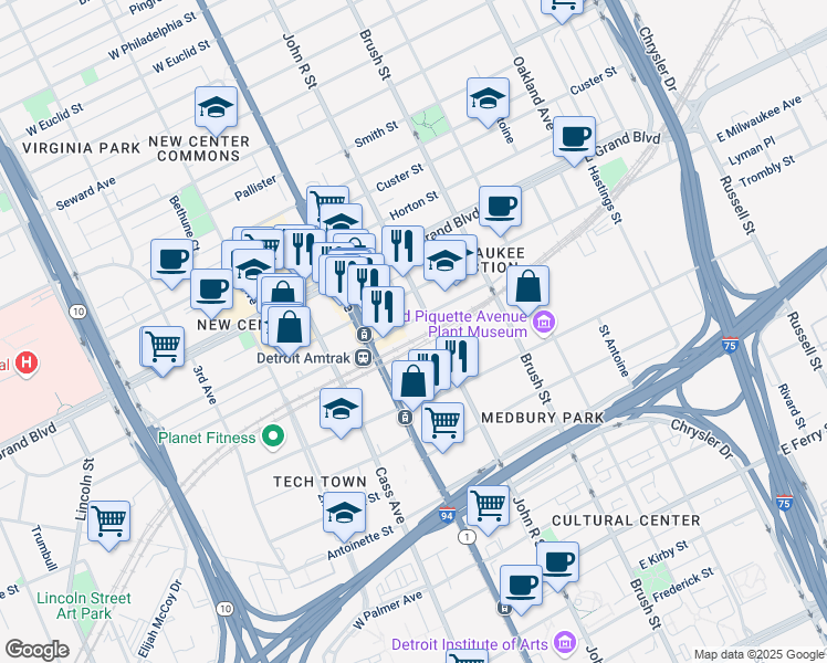 map of restaurants, bars, coffee shops, grocery stores, and more near 66 East Baltimore Avenue in Detroit