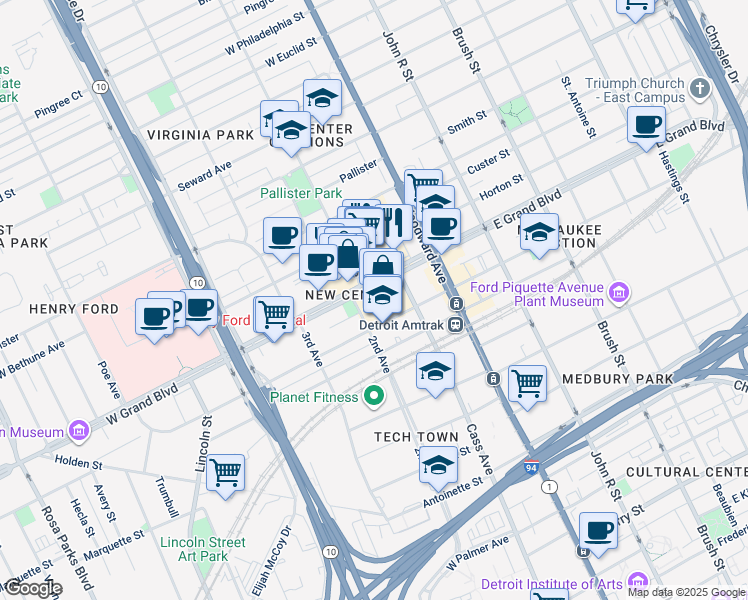 map of restaurants, bars, coffee shops, grocery stores, and more near 3044 West Grand Boulevard in Detroit