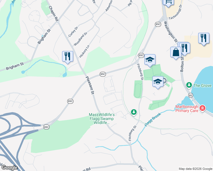 map of restaurants, bars, coffee shops, grocery stores, and more near 96 Crowley Drive in Marlborough