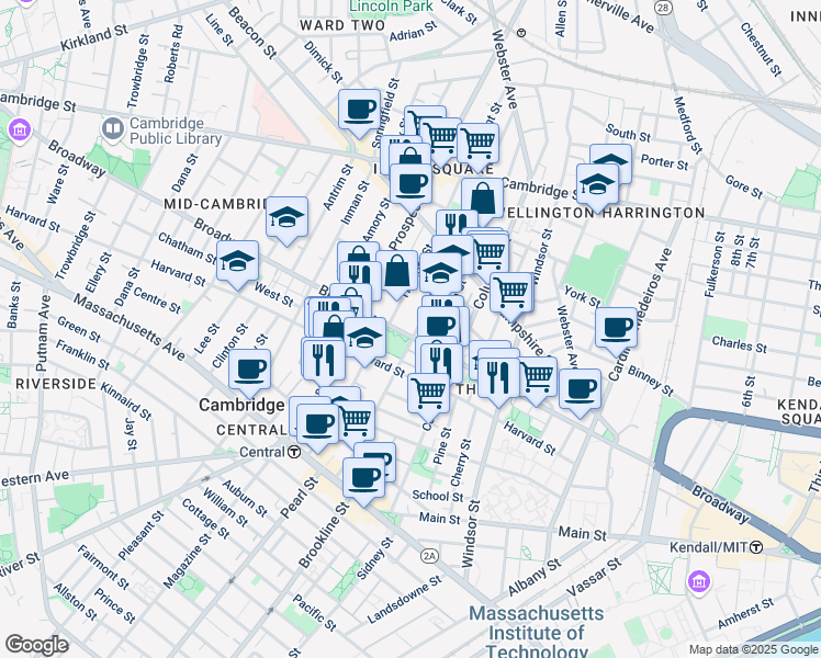 map of restaurants, bars, coffee shops, grocery stores, and more near 198-200 Norfolk Street in Cambridge