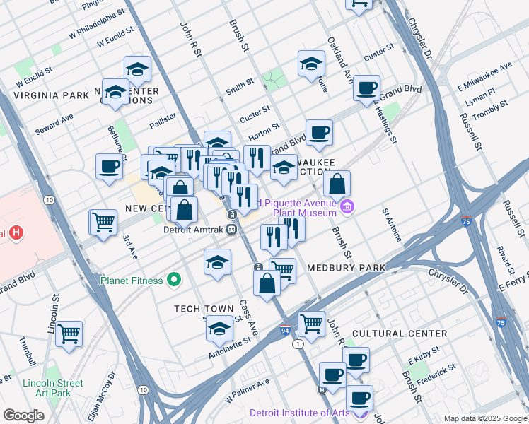 map of restaurants, bars, coffee shops, grocery stores, and more near 66 East Baltimore Avenue in Detroit