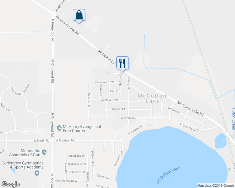 map of restaurants, bars, coffee shops, grocery stores, and more near 5109 East Lane in McCullom Lake