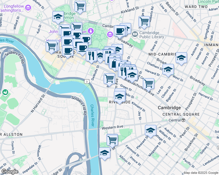 map of restaurants, bars, coffee shops, grocery stores, and more near 69 Bank Avenue in Cambridge