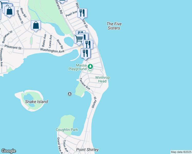 map of restaurants, bars, coffee shops, grocery stores, and more near 47 Crystal Cove Avenue in Winthrop