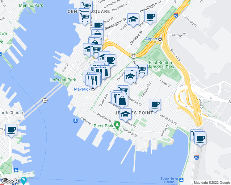 map of restaurants, bars, coffee shops, grocery stores, and more near 89 Orleans Street in Boston