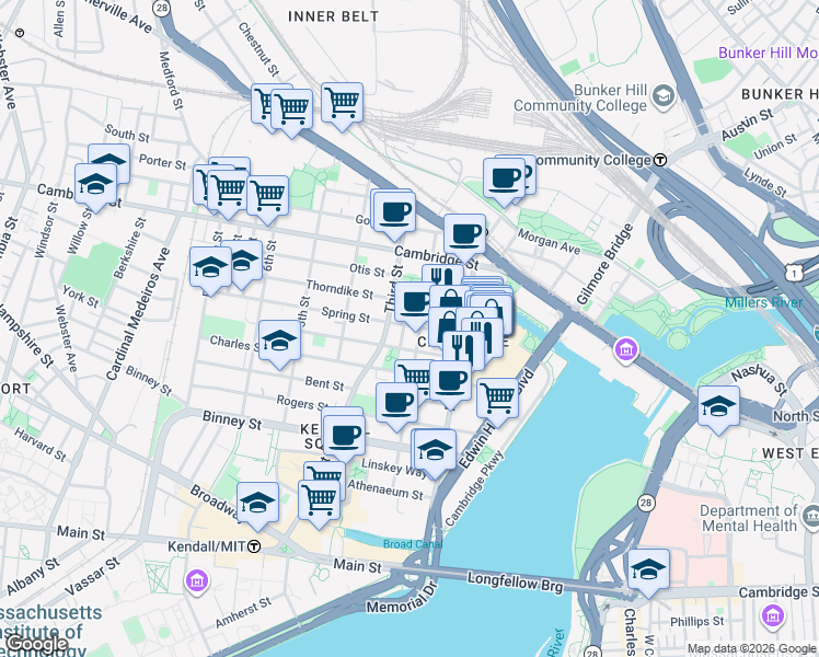 map of restaurants, bars, coffee shops, grocery stores, and more near 30 Spring Street in Cambridge