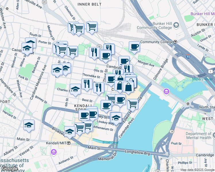 map of restaurants, bars, coffee shops, grocery stores, and more near 54 Spring Street in Cambridge