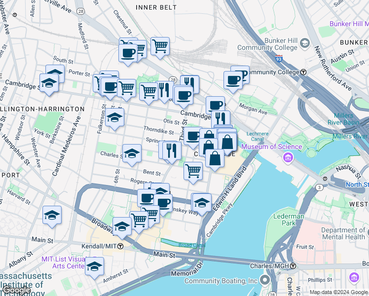 map of restaurants, bars, coffee shops, grocery stores, and more near 54 Spring Street in Cambridge