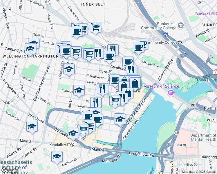 map of restaurants, bars, coffee shops, grocery stores, and more near 54 Spring Street in Cambridge