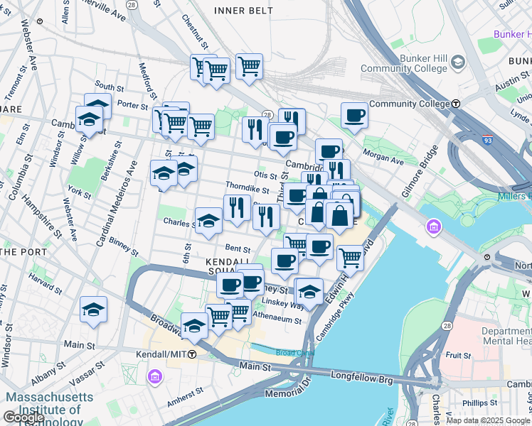 map of restaurants, bars, coffee shops, grocery stores, and more near 54 Spring Street in Cambridge