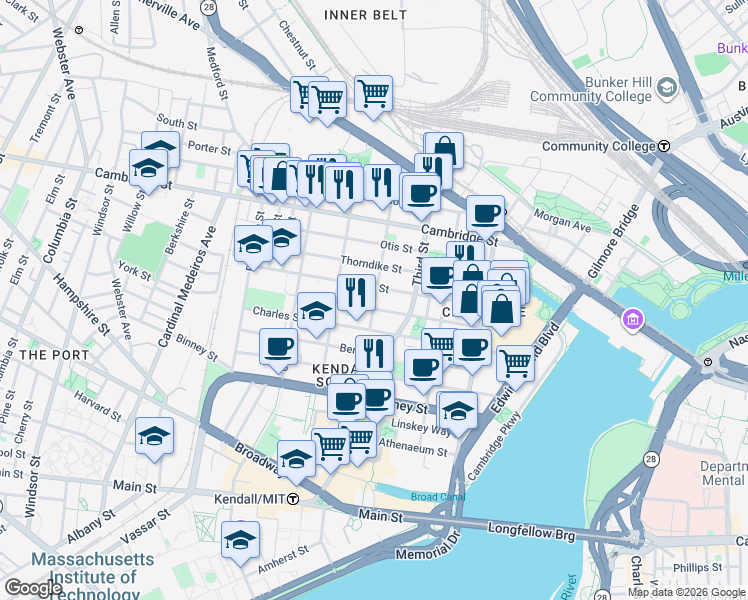 map of restaurants, bars, coffee shops, grocery stores, and more near 100 Sciarappa Street in Cambridge