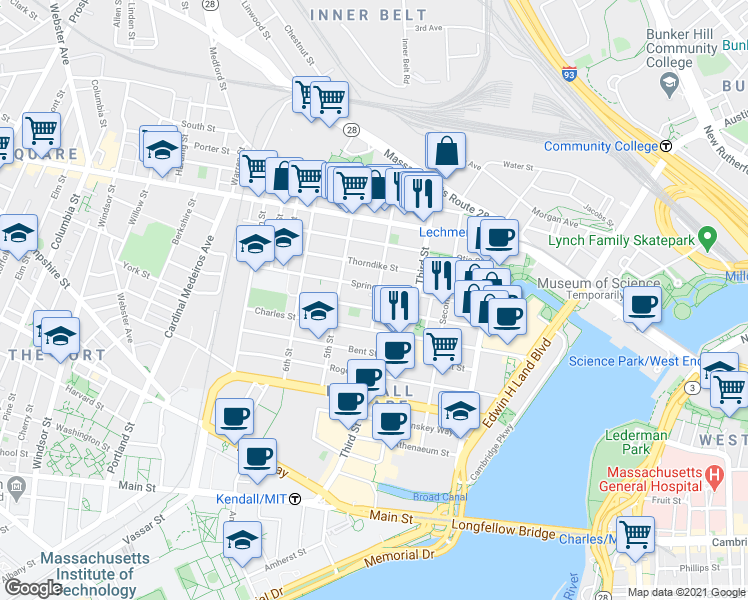 map of restaurants, bars, coffee shops, grocery stores, and more near 100 Sciarappa Street in Cambridge