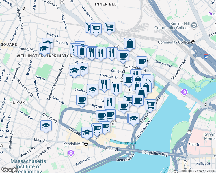 map of restaurants, bars, coffee shops, grocery stores, and more near 100 Sciarappa Street in Cambridge