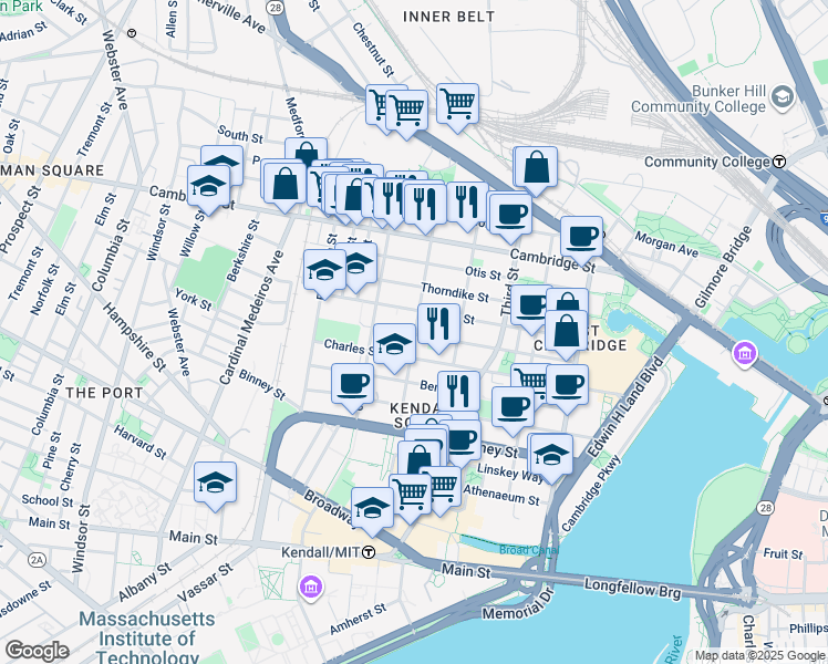 map of restaurants, bars, coffee shops, grocery stores, and more near 123 Spring Street in Cambridge