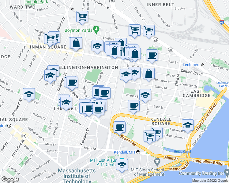 map of restaurants, bars, coffee shops, grocery stores, and more near 13 Cornelius Way in Cambridge