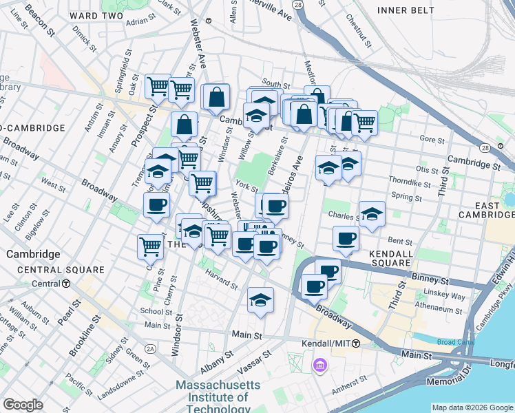 map of restaurants, bars, coffee shops, grocery stores, and more near 14 Vandine Street in Cambridge