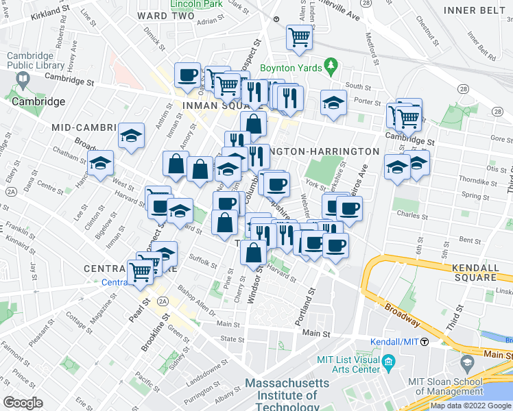 map of restaurants, bars, coffee shops, grocery stores, and more near 100 Hampshire Street in Cambridge