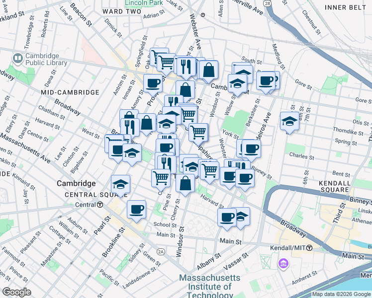 map of restaurants, bars, coffee shops, grocery stores, and more near 100 Hampshire Street in Cambridge