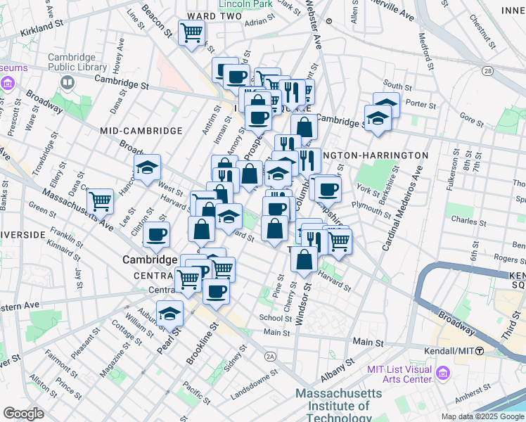 map of restaurants, bars, coffee shops, grocery stores, and more near 198-200 Norfolk Street in Cambridge