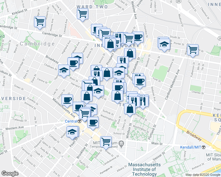 map of restaurants, bars, coffee shops, grocery stores, and more near 198-200 Norfolk Street in Cambridge