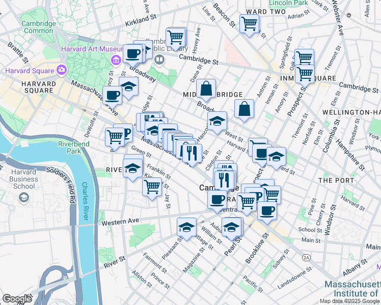 map of restaurants, bars, coffee shops, grocery stores, and more near 106 Hancock Street in Cambridge