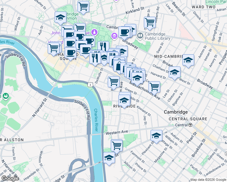 map of restaurants, bars, coffee shops, grocery stores, and more near 69 Bank Avenue in Cambridge
