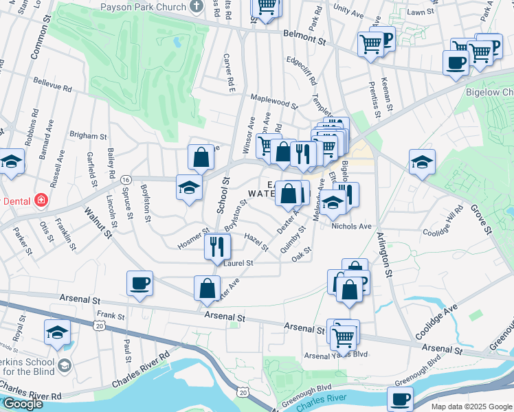 map of restaurants, bars, coffee shops, grocery stores, and more near 156 Nichols Avenue in Watertown