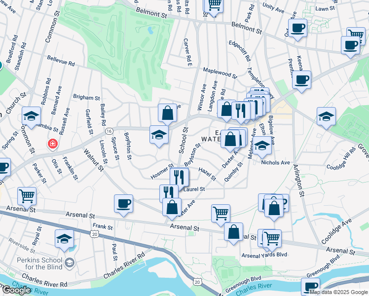 map of restaurants, bars, coffee shops, grocery stores, and more near 170 School Street in Watertown