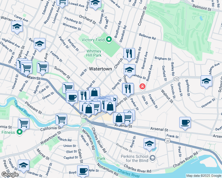 map of restaurants, bars, coffee shops, grocery stores, and more near 50 Marshall Street in Watertown