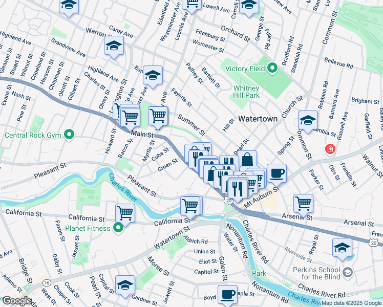 map of restaurants, bars, coffee shops, grocery stores, and more near 24 Whites Avenue in Watertown