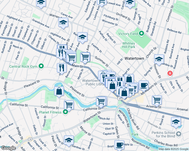 map of restaurants, bars, coffee shops, grocery stores, and more near 262 U.S. 20 in Watertown
