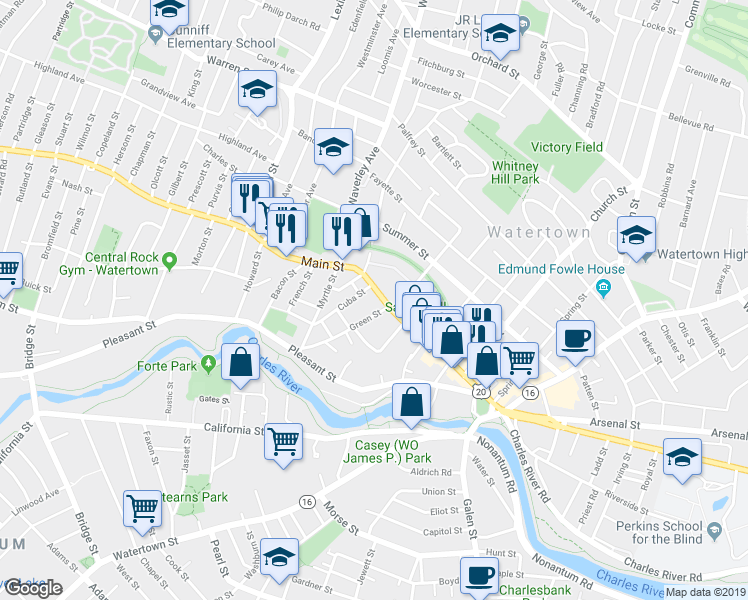map of restaurants, bars, coffee shops, grocery stores, and more near 262 U.S. 20 in Watertown