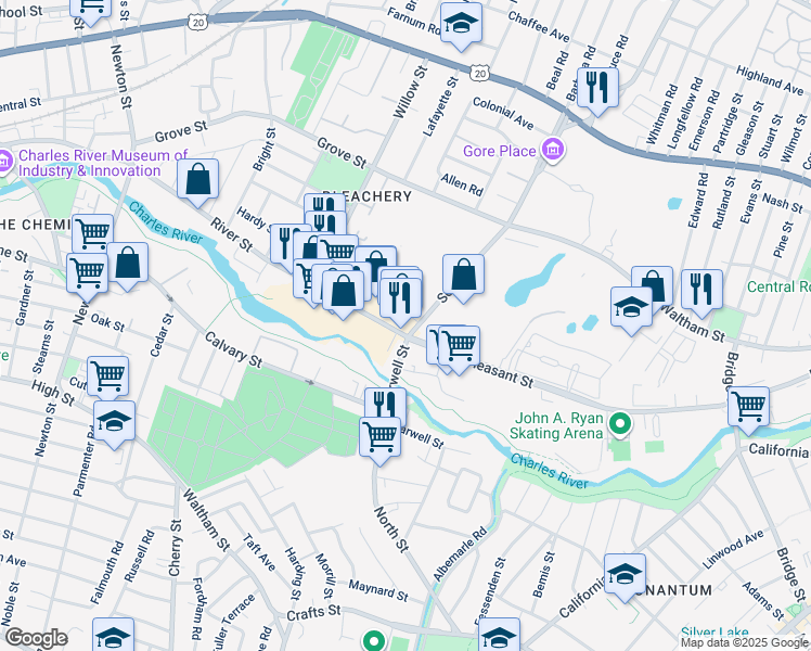 map of restaurants, bars, coffee shops, grocery stores, and more near 66 Seyon Street in Waltham