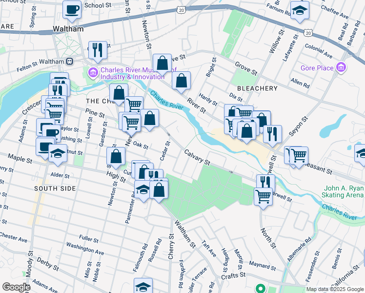 map of restaurants, bars, coffee shops, grocery stores, and more near 94 Calvary Street in Waltham