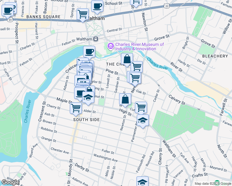 map of restaurants, bars, coffee shops, grocery stores, and more near 79 Cushing Street in Waltham